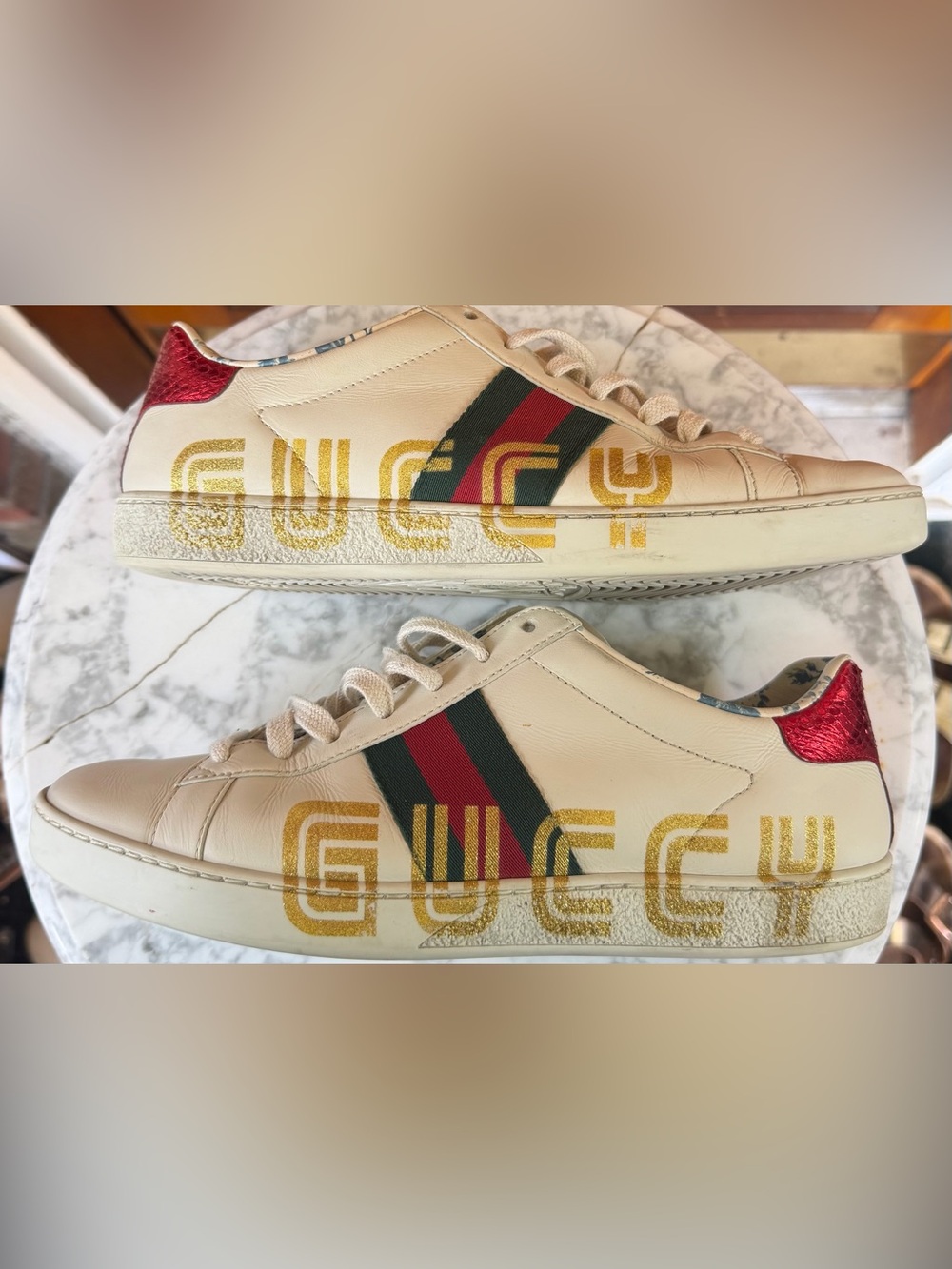 Gucci Ace Low Sneaker Leather Guccy Print Logo SEGA Eu 38 1/2, US 8.5 - Picture 2 of 13